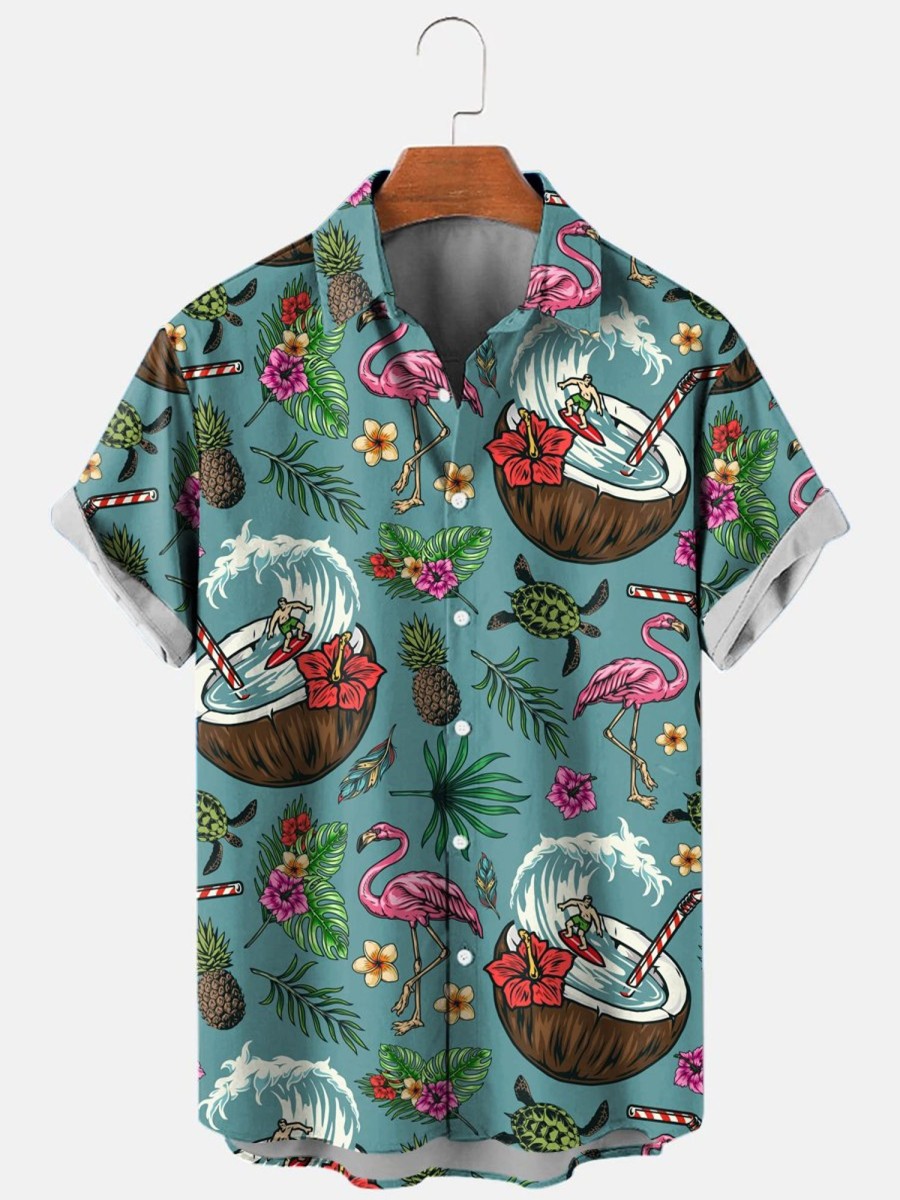 Men HLJ Shirts | Men'S Surf Retro Bright Graphic Print Short Sleeve Shirt Photo Color