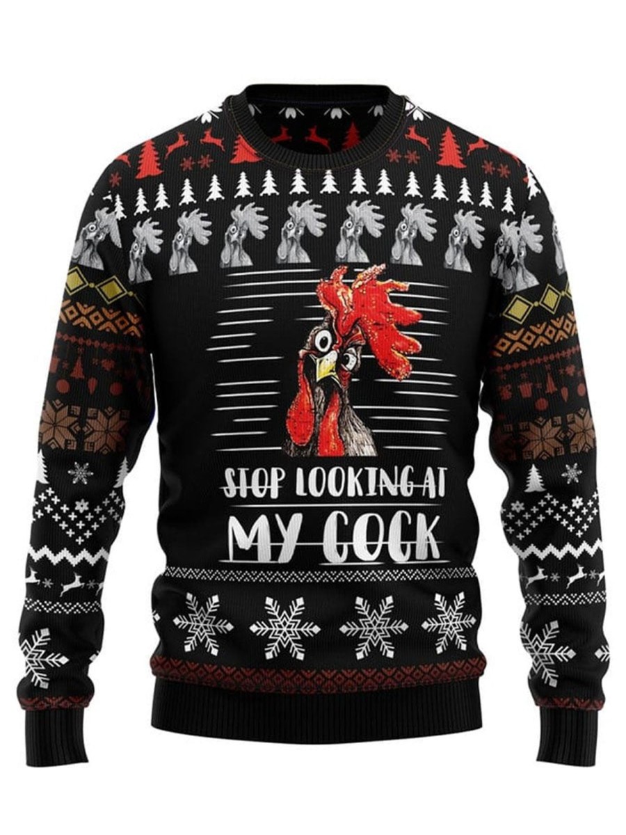 Men DJ Ugly Sweater | Stop Looking At My Cock Print Crewneck Sweatshirt Black