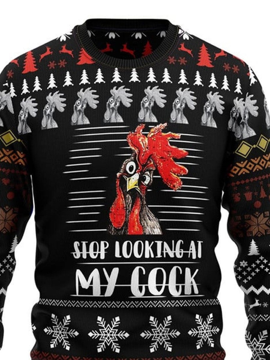 Men DJ Ugly Sweater | Stop Looking At My Cock Print Crewneck Sweatshirt Black