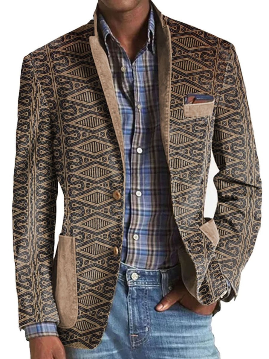 Men BXL Print Jacket | Men'S Retro Ethnic Print Casual Multi-Pocket Blazer Photo Color