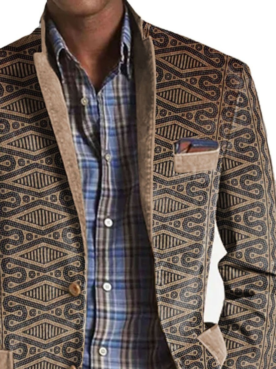 Men BXL Print Jacket | Men'S Retro Ethnic Print Casual Multi-Pocket Blazer Photo Color