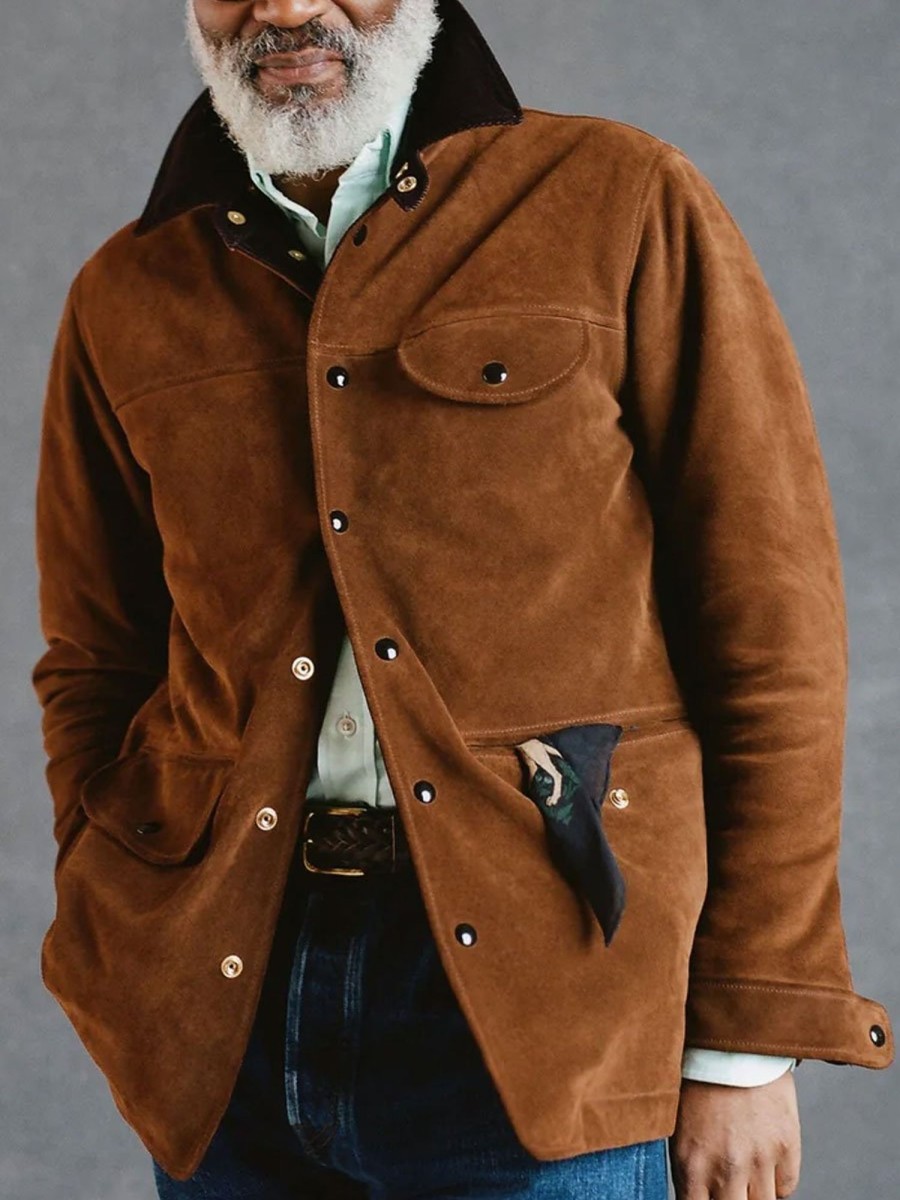 Men BXL Jacket | Vintage Multi-Pocket Solid Suede Casual Lapel Jacket Orange