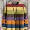 Men DJ Print Sweater | Retro Colorful Striped Print Crew Neck Pullover Sweater Photo Color