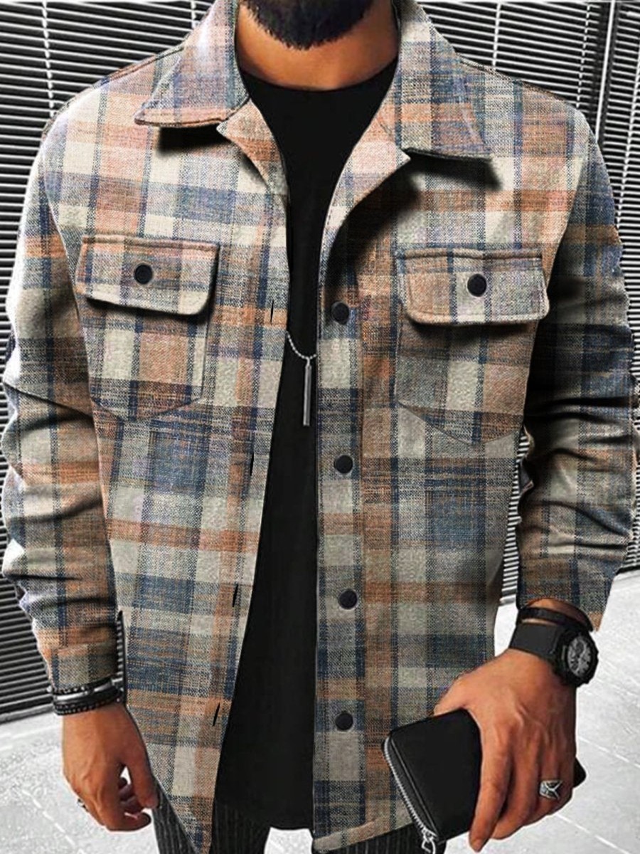 Men DJ Jacket | Vintage Check Print Two-Pocket Track Jacket Khaki