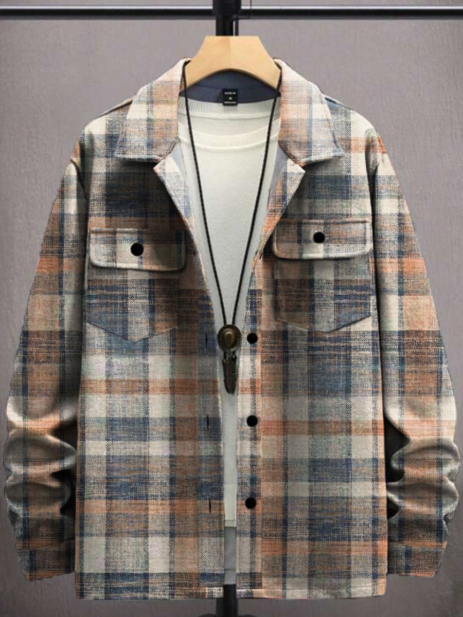 Men DJ Jacket | Vintage Check Print Two-Pocket Track Jacket Khaki