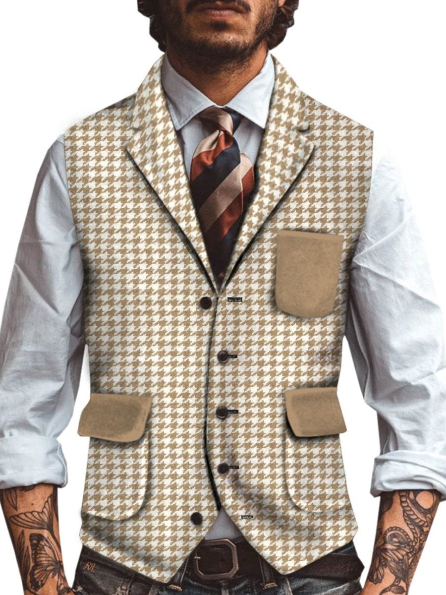 Men QMY Vest | Formal Men'S Suit Vest Houndstooth Lapel Waistcoat Photo Color