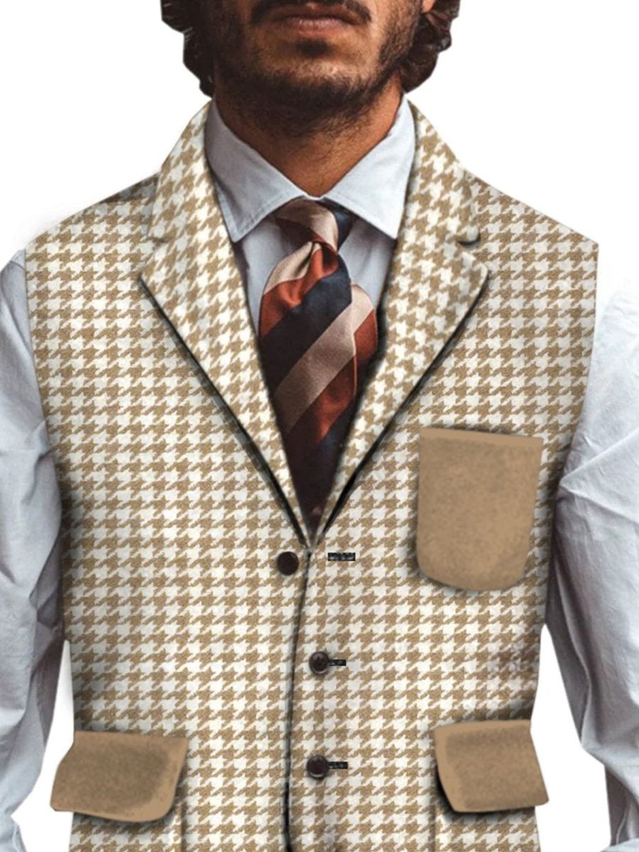 Men QMY Vest | Formal Men'S Suit Vest Houndstooth Lapel Waistcoat Photo Color