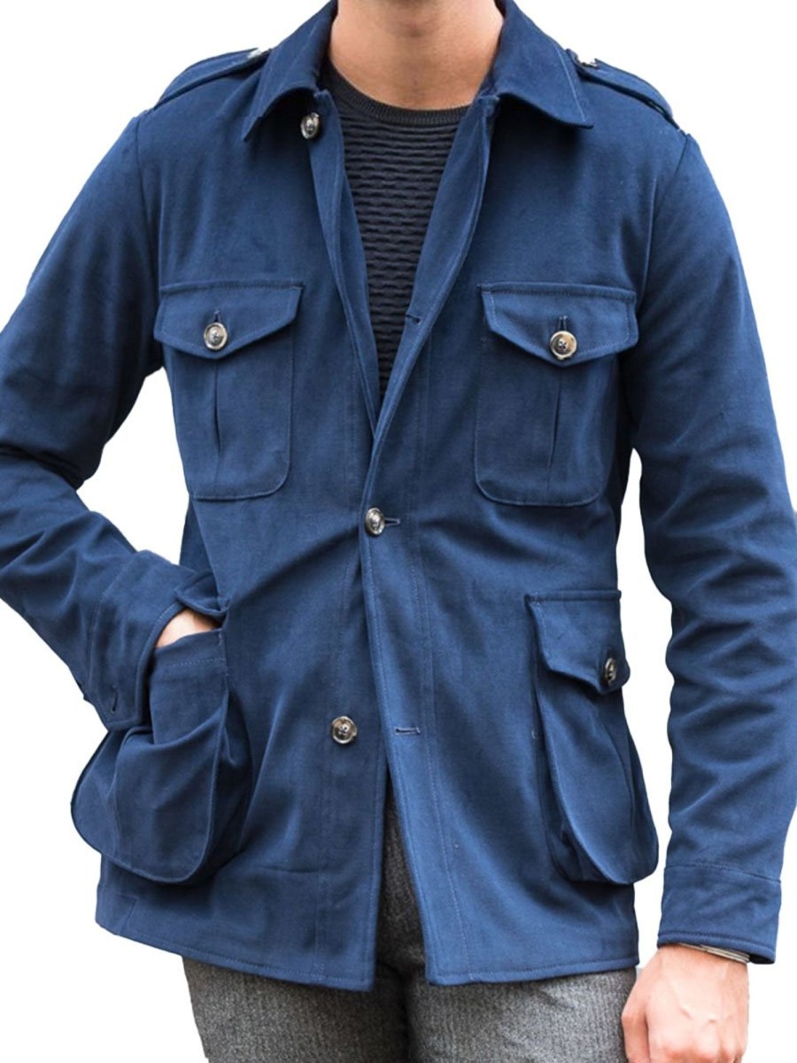 Men DJ Jacket | Retro Solid Color 4-Pocket Lace-Up Casual Jacket Blue