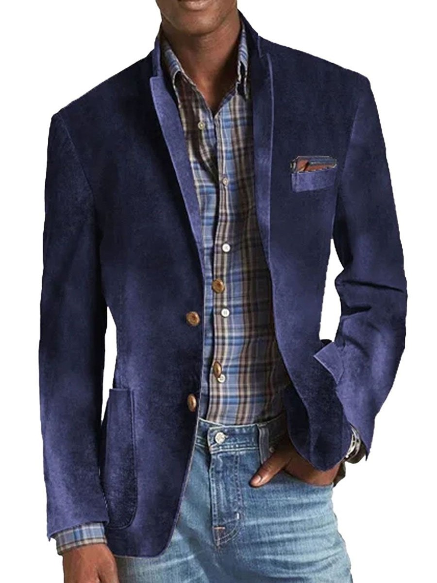 Men DJ Print Jacket | Solid Velvet Print Lapel 3-Pocket Casual Blazer Navy