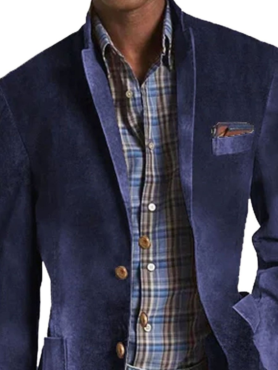 Men DJ Print Jacket | Solid Velvet Print Lapel 3-Pocket Casual Blazer Navy