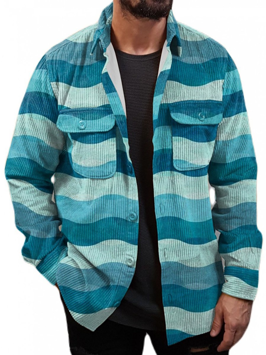 Men DJ Jacket | Vintage Wave Print Corduroy Double Pocket Single Breasted Jacket Blue