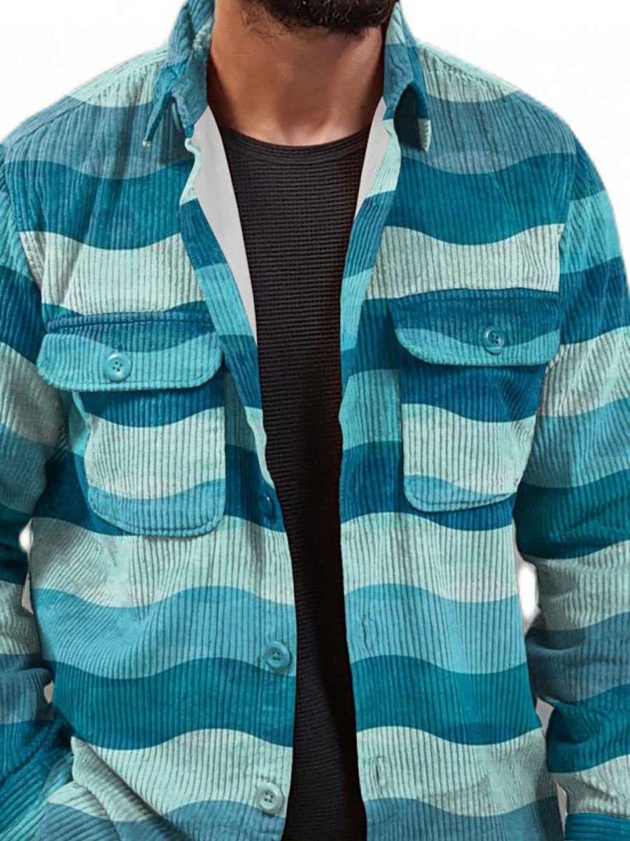 Men DJ Jacket | Vintage Wave Print Corduroy Double Pocket Single Breasted Jacket Blue