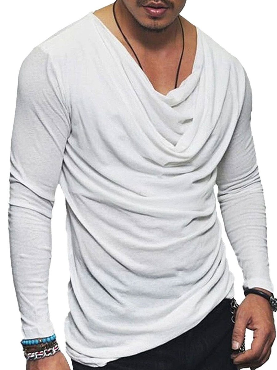 Men BXL Casual Shirts | Men'S Solid Color Pile Collar Casual Long Sleeve T-Shirt White