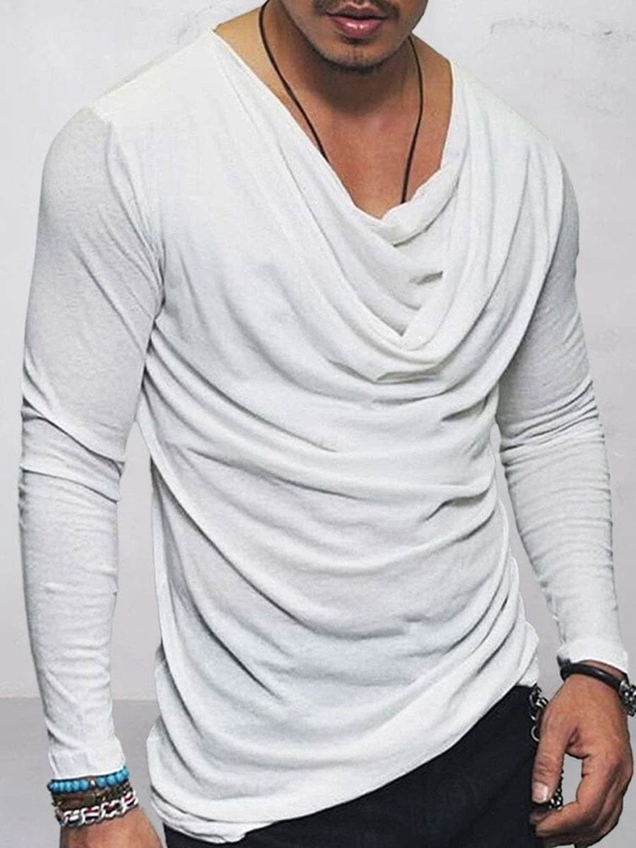 Men BXL Casual Shirts | Men'S Solid Color Pile Collar Casual Long Sleeve T-Shirt White