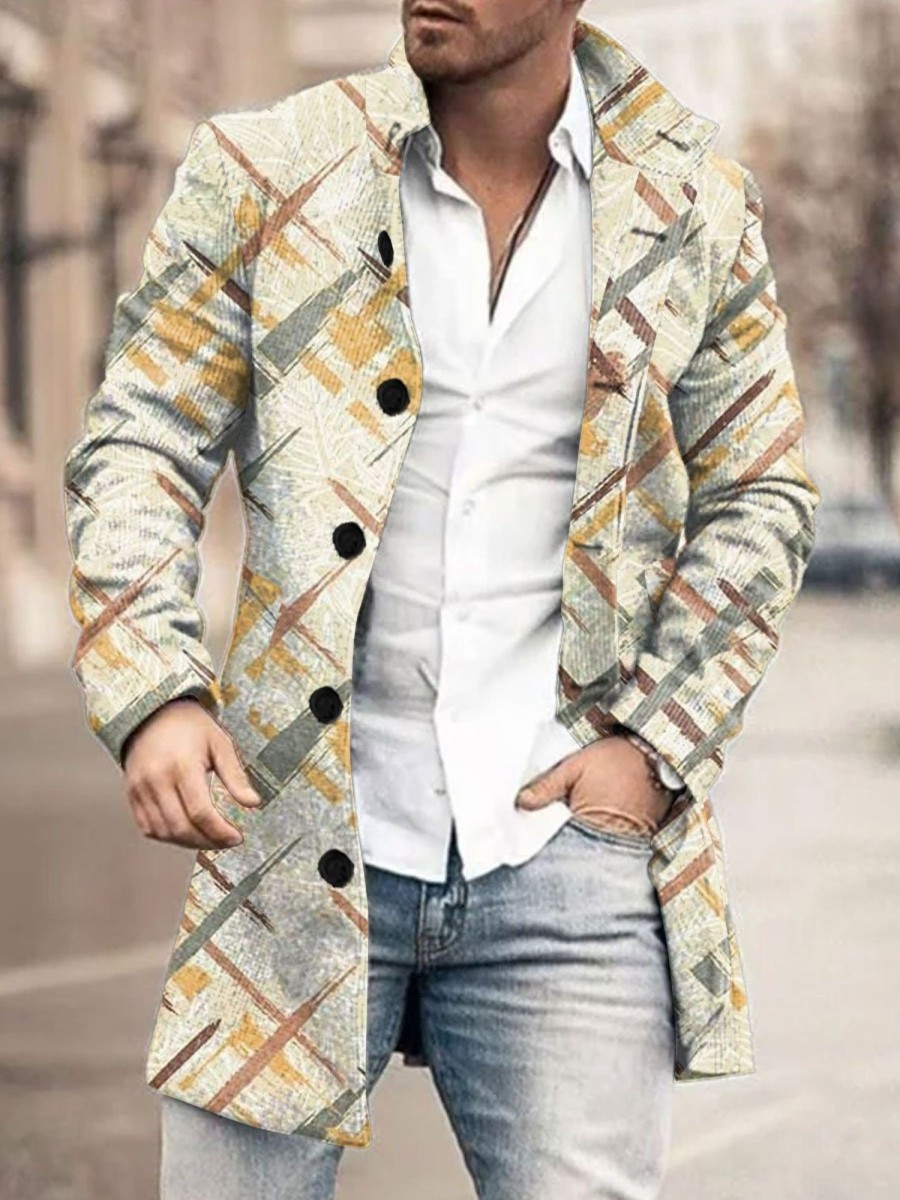 Men BXL Print Jacket | Men'S Casual Vintage Printed Single Breasted Double Pocket Wool Coat Khaki