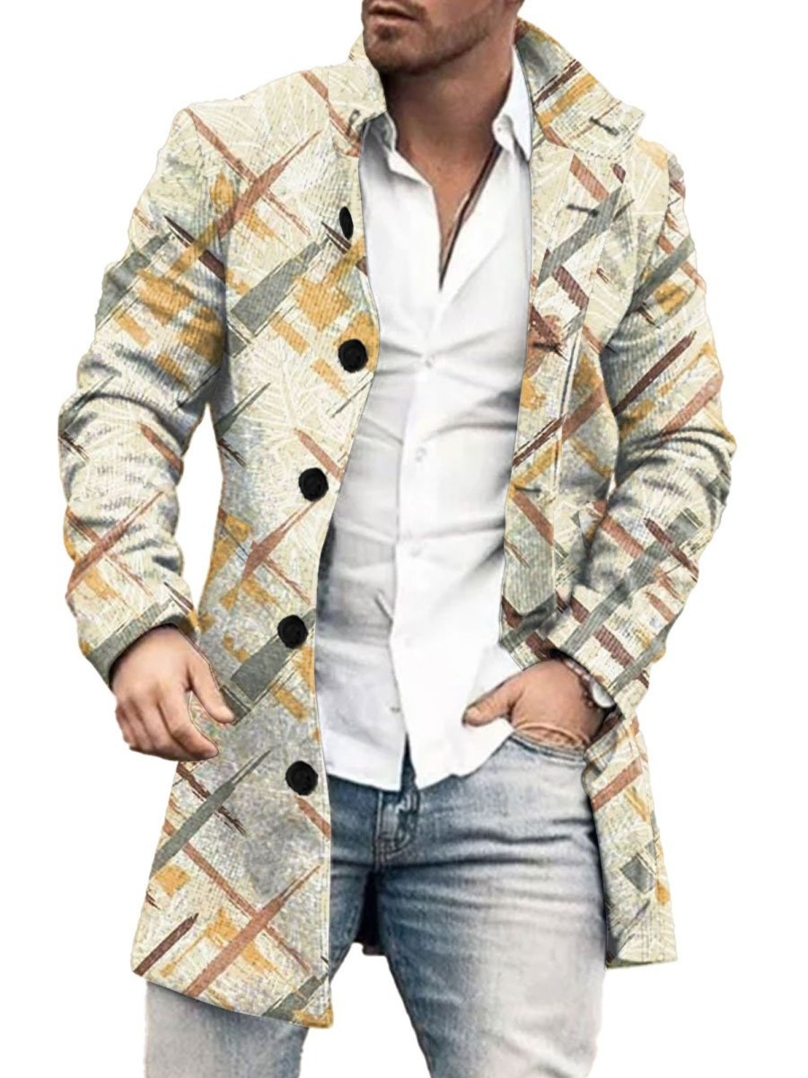 Men BXL Print Jacket | Men'S Casual Vintage Printed Single Breasted Double Pocket Wool Coat Khaki