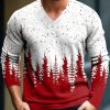 Men DJ Print Sweater | Christmas Tree Print Casual V-Neck Knitted Pullover Sweater Red