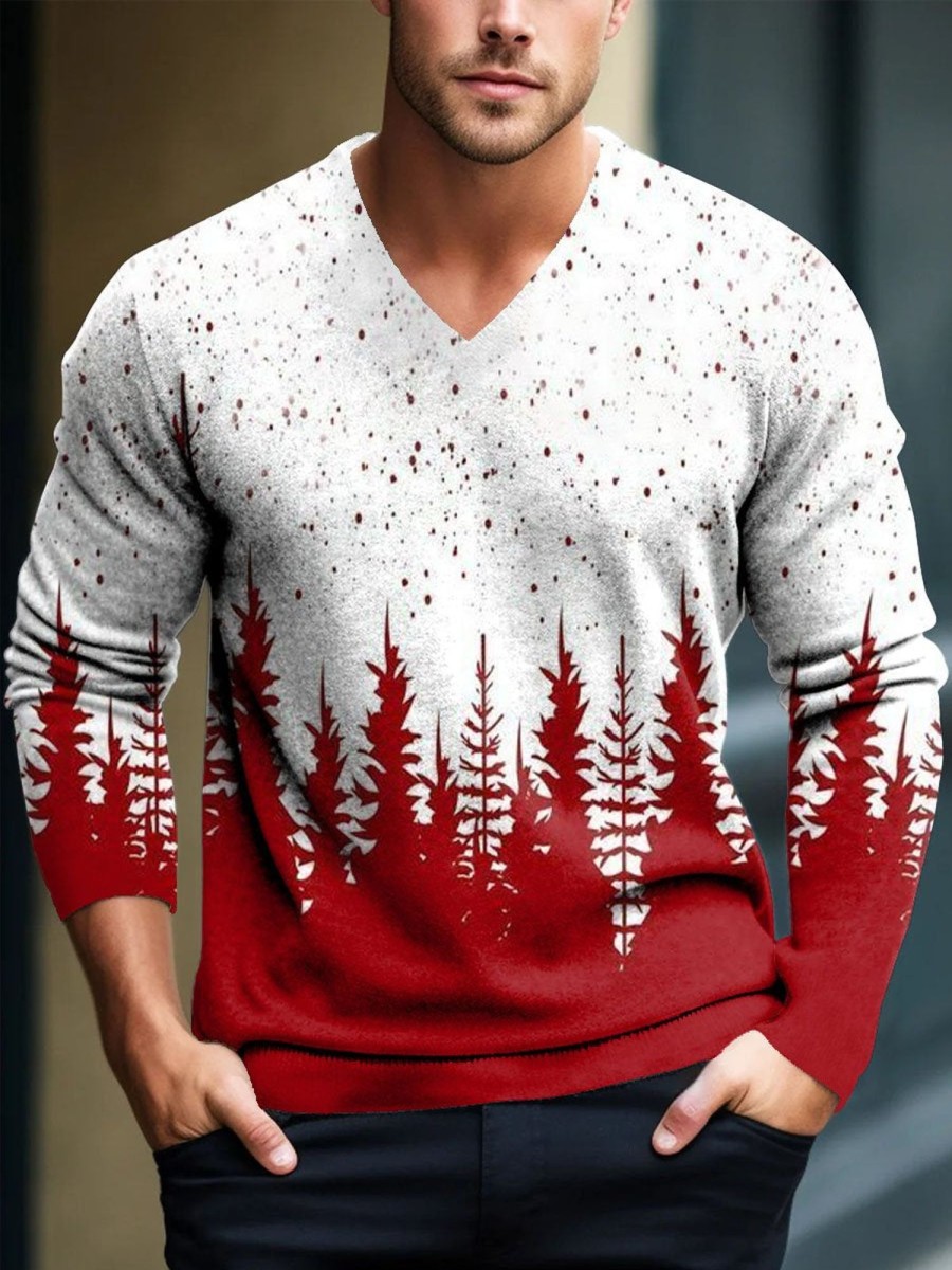 Men DJ Print Sweater | Christmas Tree Print Casual V-Neck Knitted Pullover Sweater Red