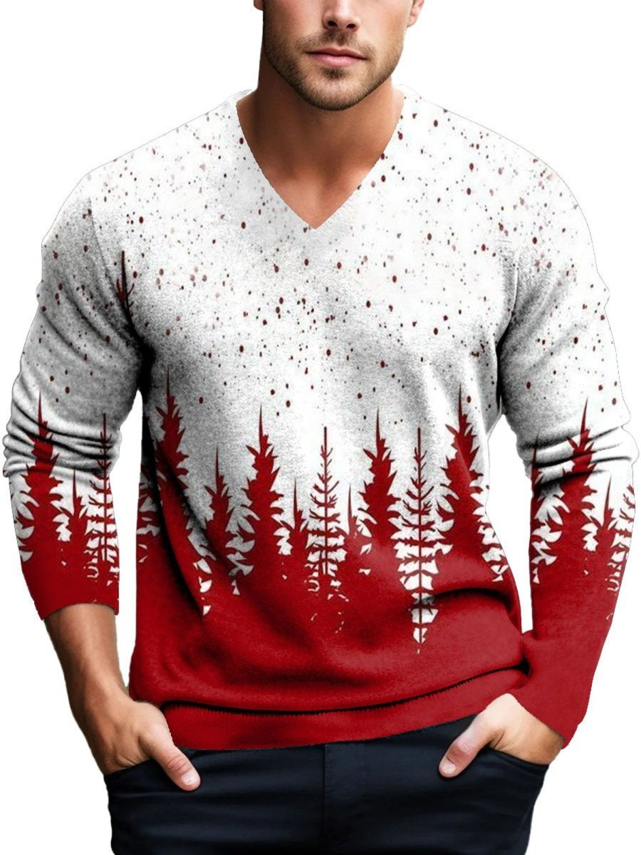 Men DJ Print Sweater | Christmas Tree Print Casual V-Neck Knitted Pullover Sweater Red