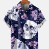 Men HLJ Shirts | Men'S Skull Flower Print Resort Casual Short Sleeve Shirt Photo Color