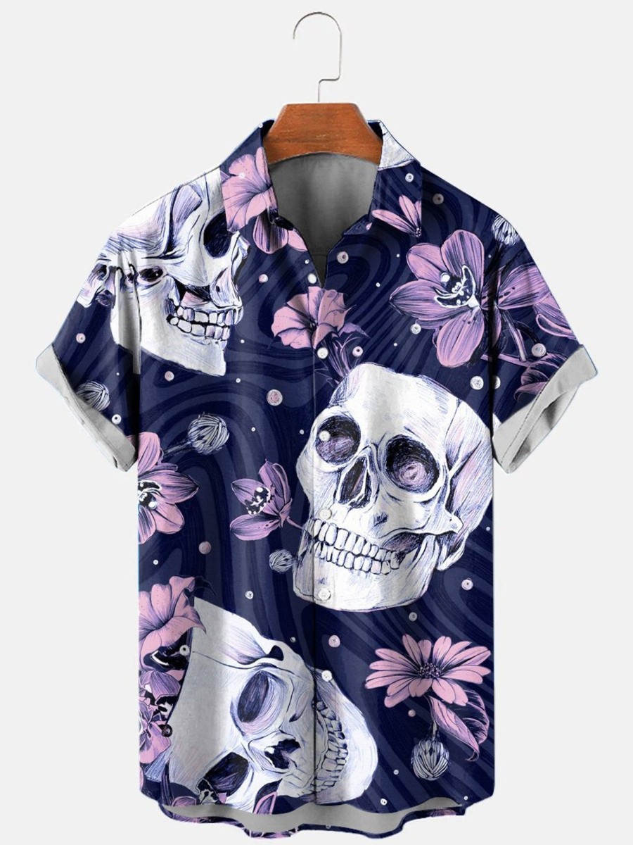 Men HLJ Shirts | Men'S Skull Flower Print Resort Casual Short Sleeve Shirt Photo Color