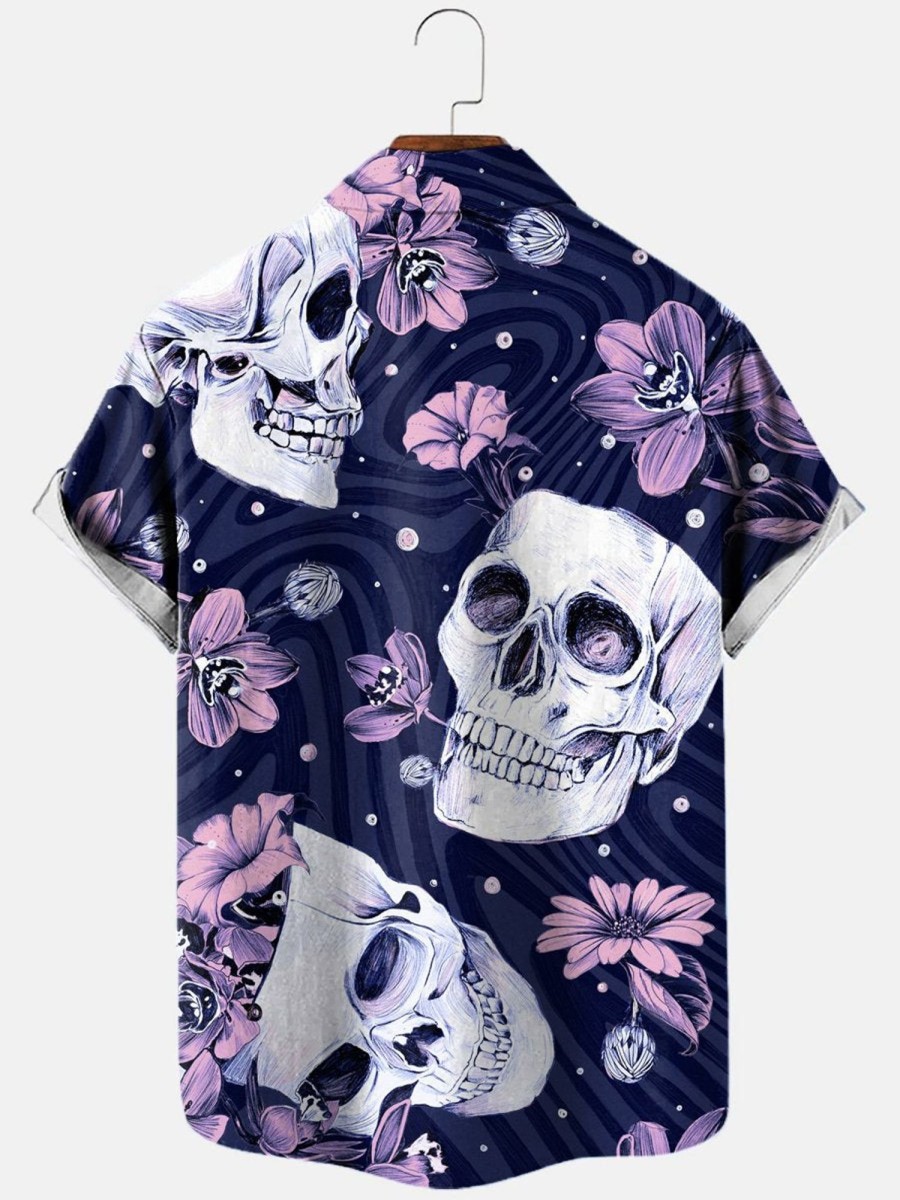 Men HLJ Shirts | Men'S Skull Flower Print Resort Casual Short Sleeve Shirt Photo Color