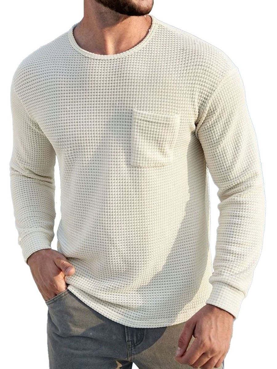 Men DJ Casual Long Sleeve Shirts | Round Neck Solid Color Pocket Waffle Casual Long Sleeve T-Shirt White