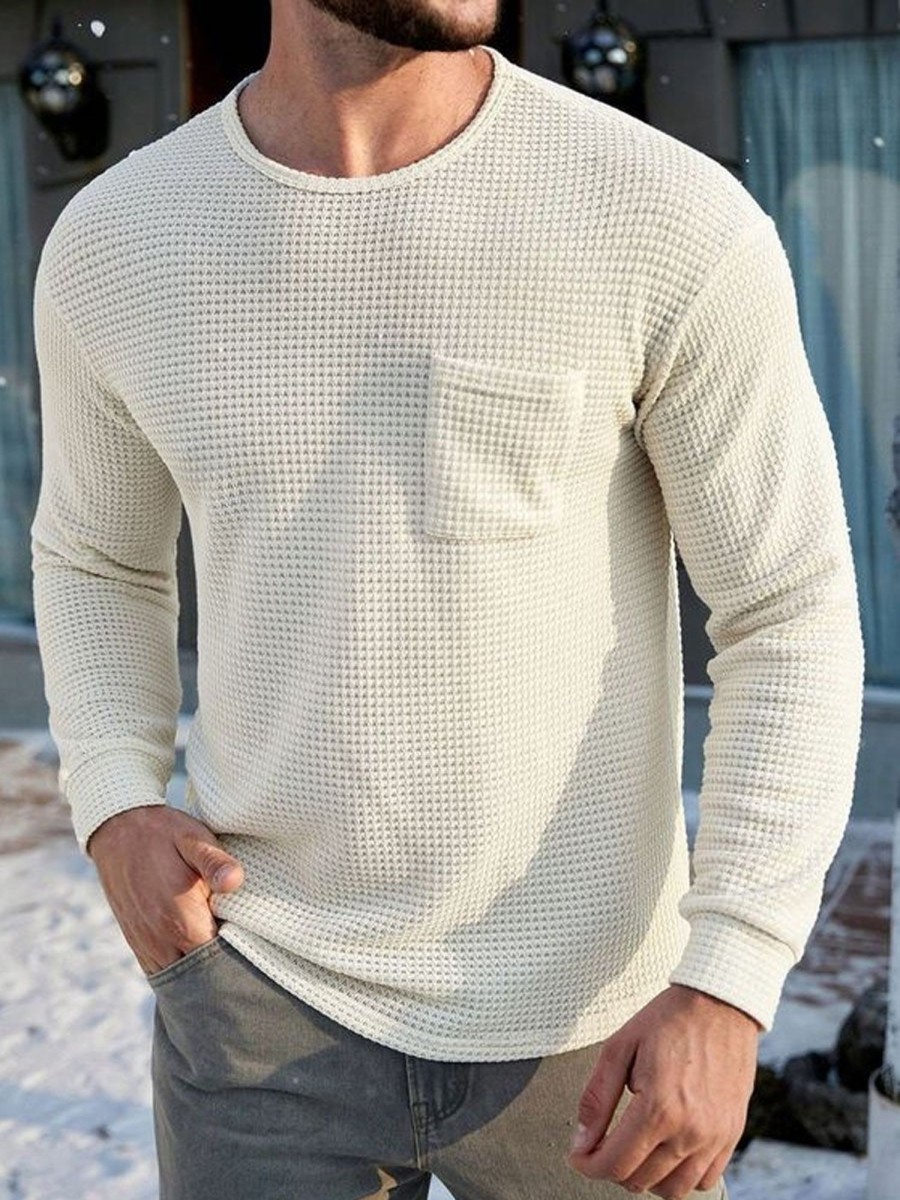 Men DJ Casual Long Sleeve Shirts | Round Neck Solid Color Pocket Waffle Casual Long Sleeve T-Shirt White