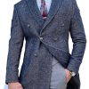 Men DJ Jacket | Herringbone Lapel 3-Pocket Double-Breasted Woolen Coat Navy