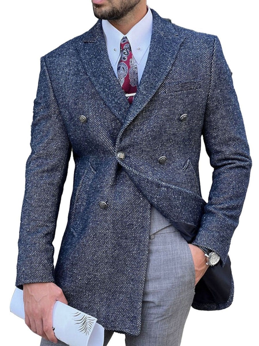 Men DJ Jacket | Herringbone Lapel 3-Pocket Double-Breasted Woolen Coat Navy