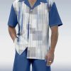 Men DJ Set | Blue Linear Pattern Printing Hawaiian Cuban Collar Short Sleeve Shirt Set Photo Color