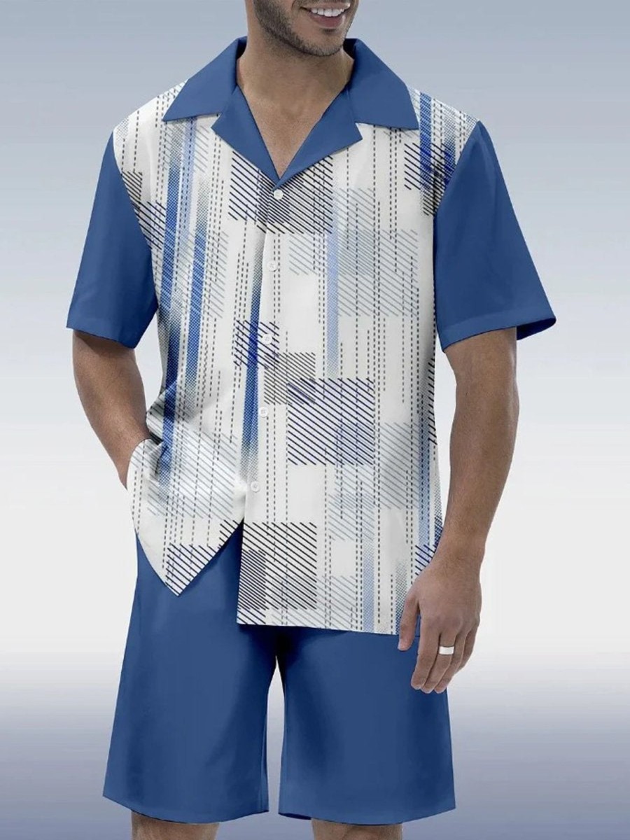 Men DJ Set | Blue Linear Pattern Printing Hawaiian Cuban Collar Short Sleeve Shirt Set Photo Color