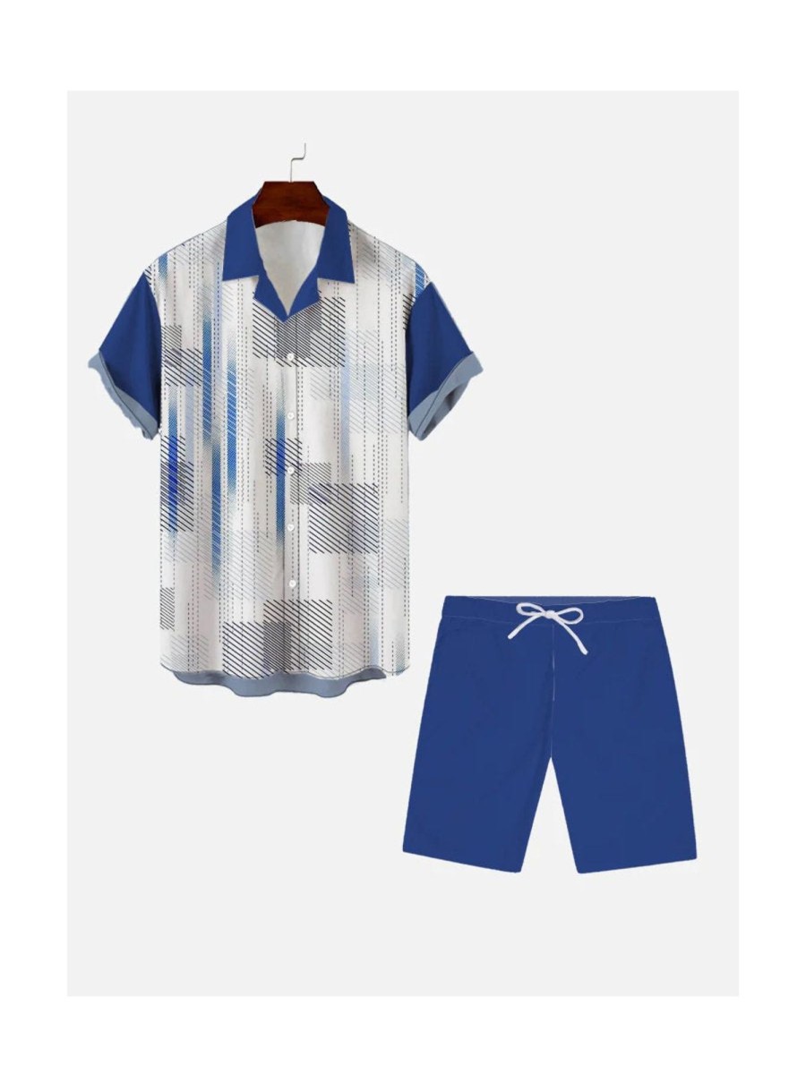 Men DJ Set | Blue Linear Pattern Printing Hawaiian Cuban Collar Short Sleeve Shirt Set Photo Color