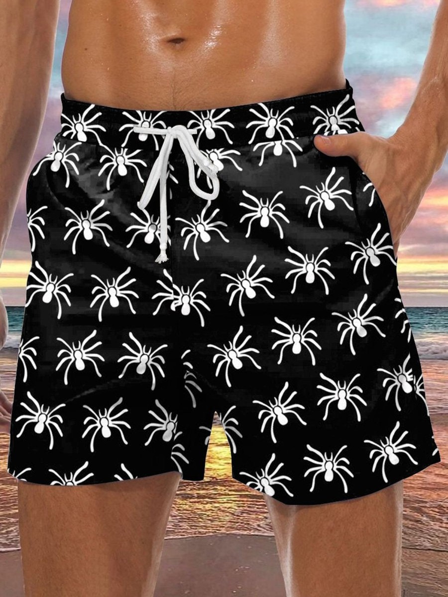 Men DJ Bottoms | Spider Print Pocket Tie Shorts Black