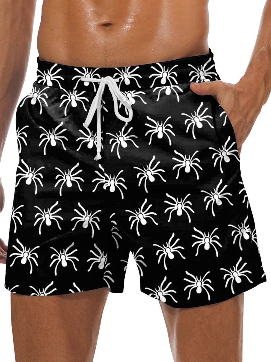 Men DJ Bottoms | Spider Print Pocket Tie Shorts Black