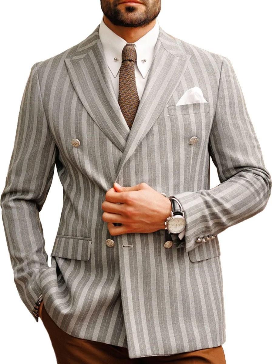 Men BXL Jacket | Men'S Vintage Striped Double-Breasted Multi-Pocket Casual Blazer Gray