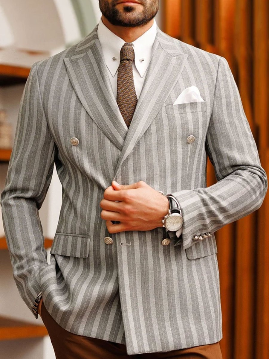 Men BXL Jacket | Men'S Vintage Striped Double-Breasted Multi-Pocket Casual Blazer Gray