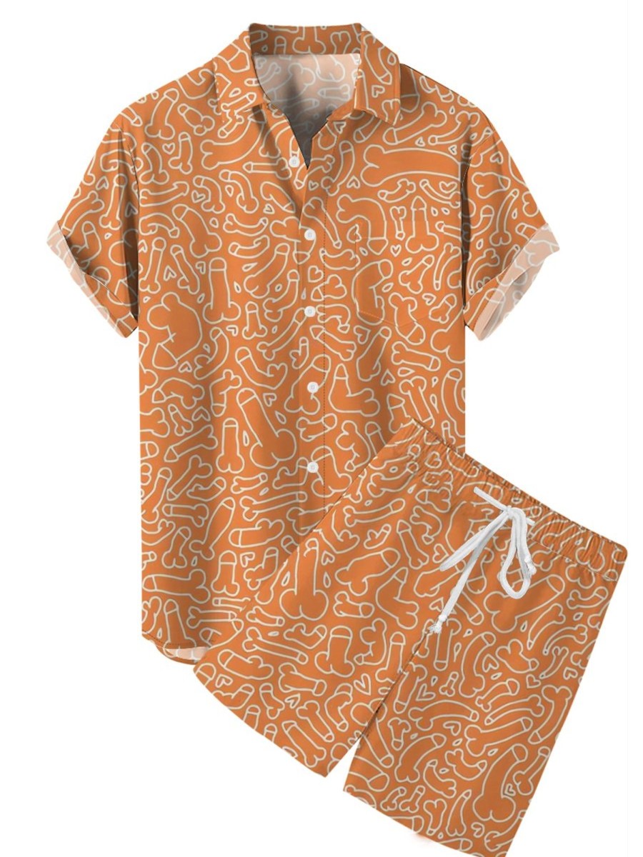 Men HLJ Set | Men'S Cock Print Hawaiian Easy Short Sleeve Aloha Shirt Set Orange