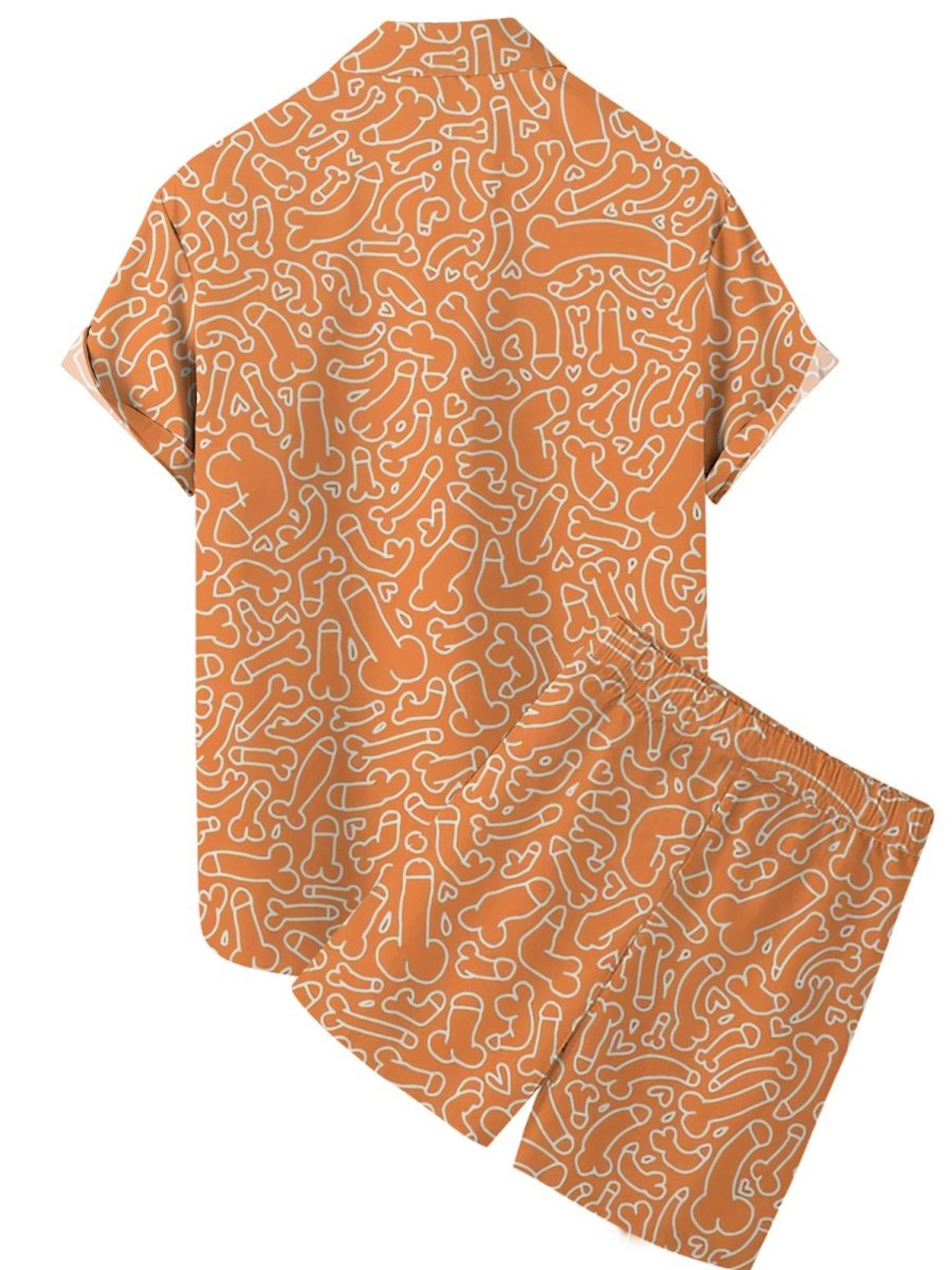 Men HLJ Set | Men'S Cock Print Hawaiian Easy Short Sleeve Aloha Shirt Set Orange