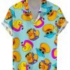 Men DJ Shirts | Cute Yellow Duck Print Casual Short-Sleeved Shirt Blue