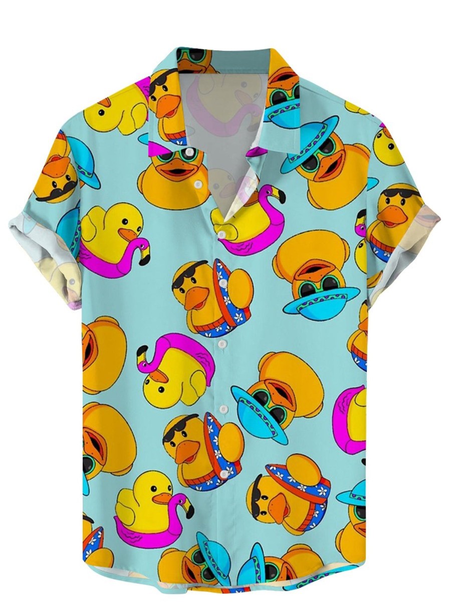 Men DJ Shirts | Cute Yellow Duck Print Casual Short-Sleeved Shirt Blue