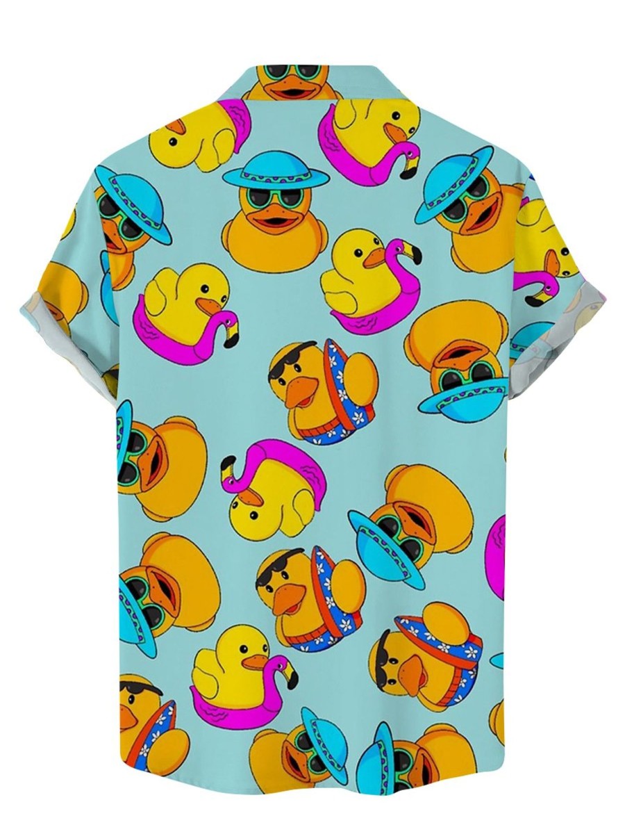 Men DJ Shirts | Cute Yellow Duck Print Casual Short-Sleeved Shirt Blue