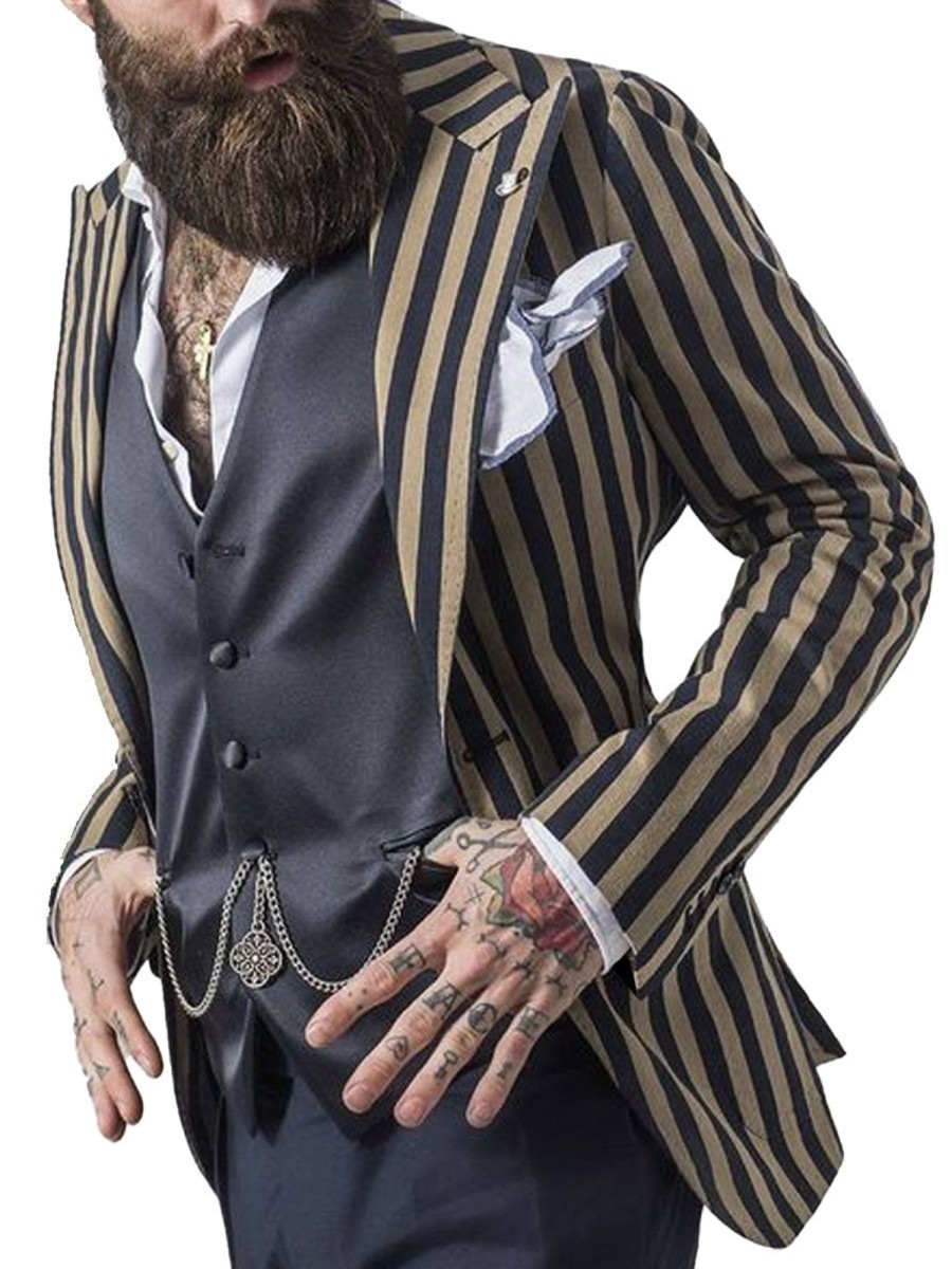 Men DJ Jacket | Vintage Three-Pocket Striped Print Casual Blazer Photo Color