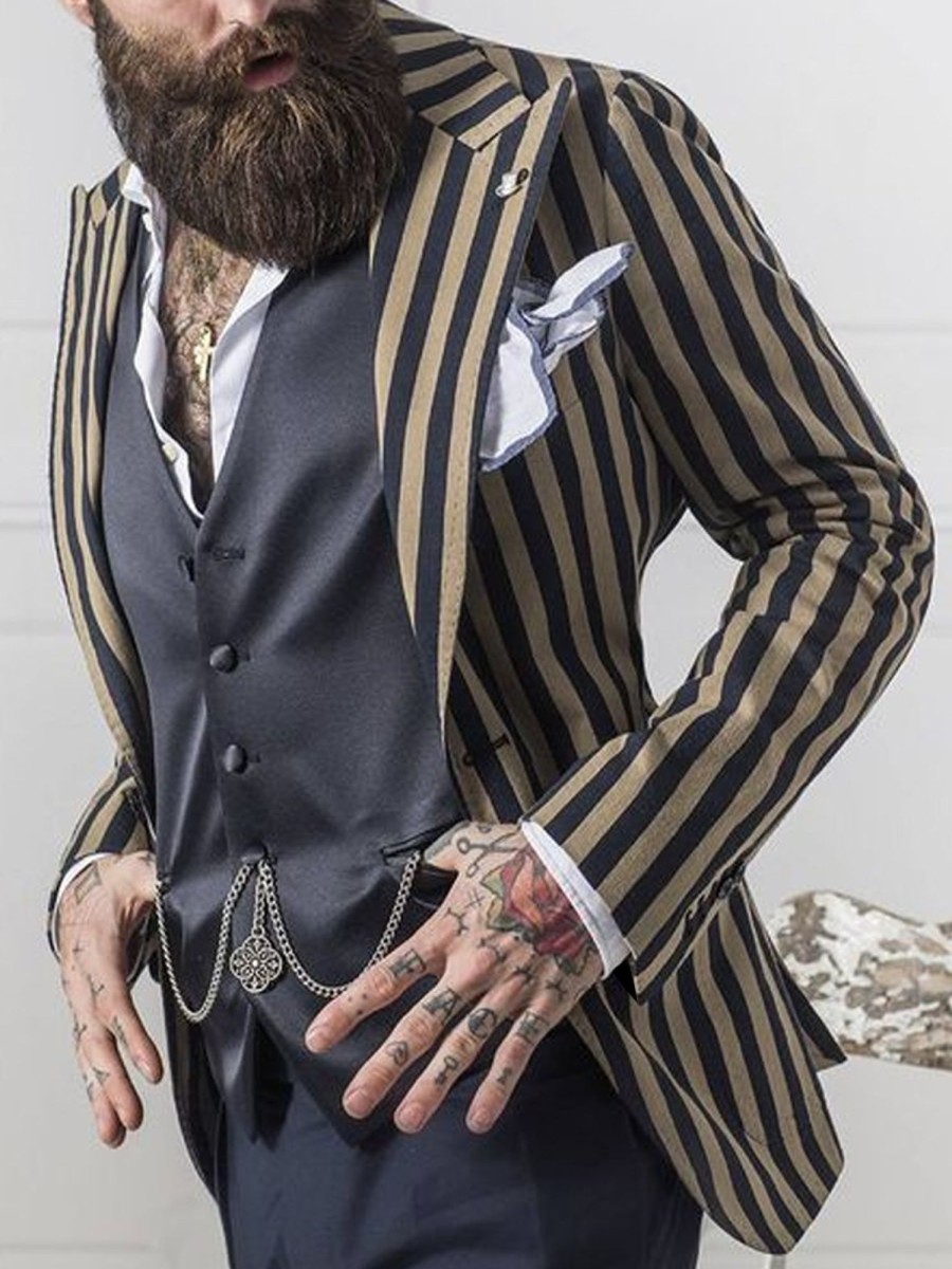 Men DJ Jacket | Vintage Three-Pocket Striped Print Casual Blazer Photo Color