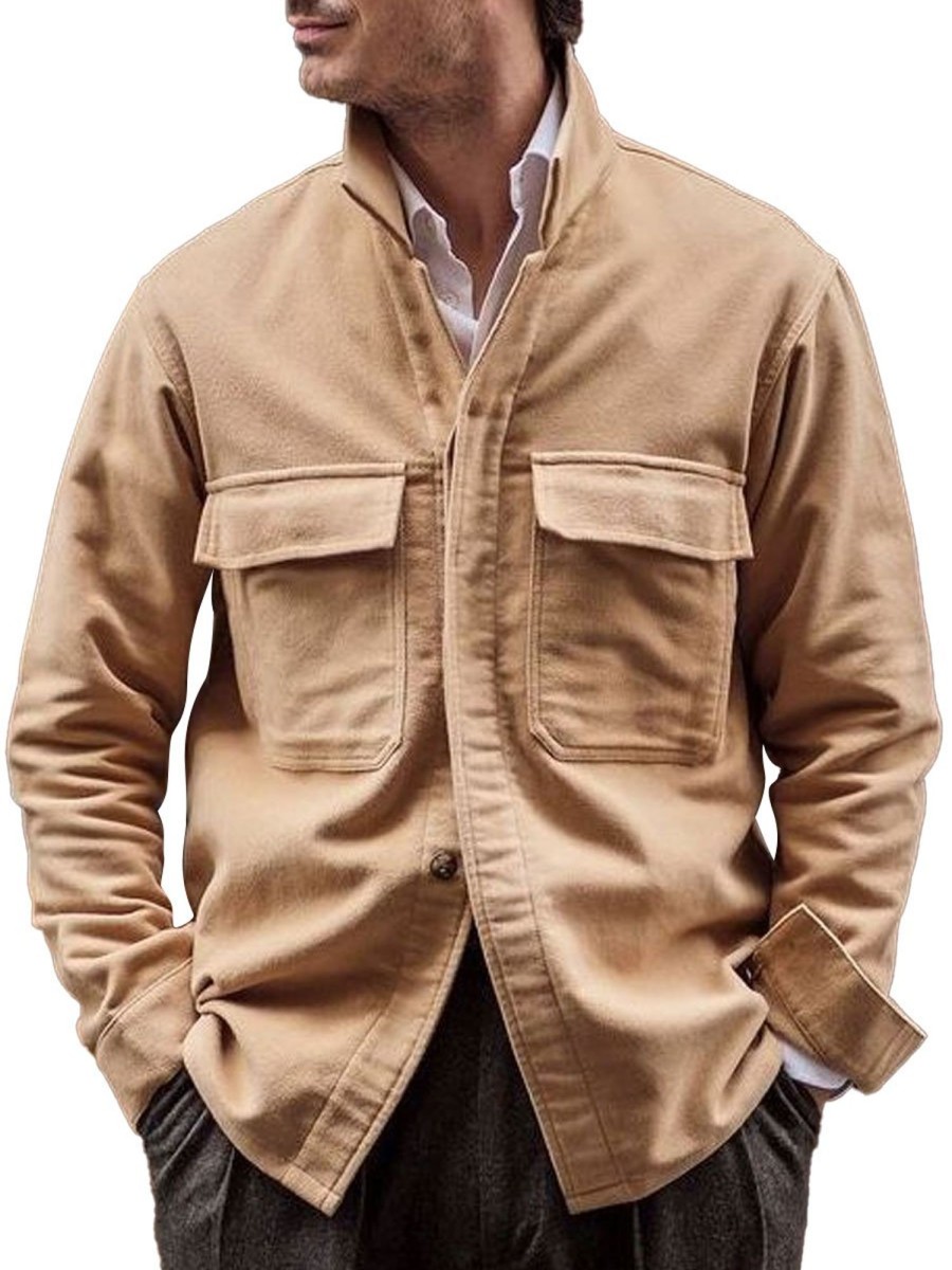 Men BXL Jacket | Retro Solid Color Wool Double Pocket Lapel Casual Jacket Khaki