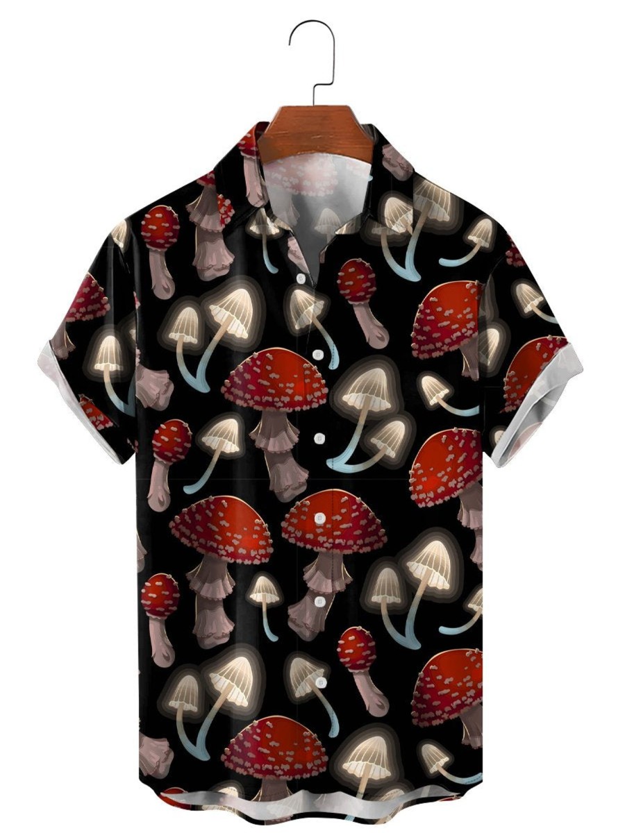 Men HLJ Shirts | Flying Agaric Mushroom Vacation Casual Short Sleeve Shirt Black