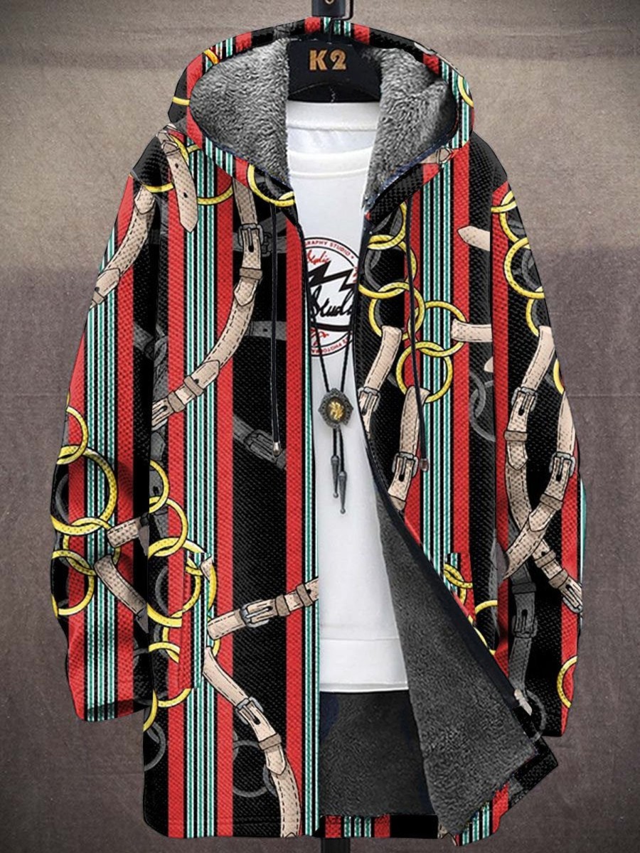 Men DJ Print Jacket | Unisex Retro Chain Print Hooded Pocket Velvet Jacket Cardigan Photo Color