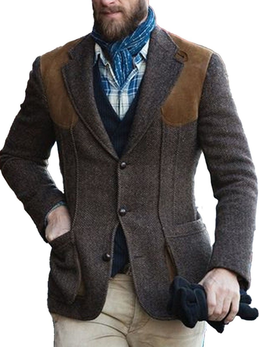 Men DJ Jacket | Vintage Suede Patchwork Double Pocket Casual Blazer Brown