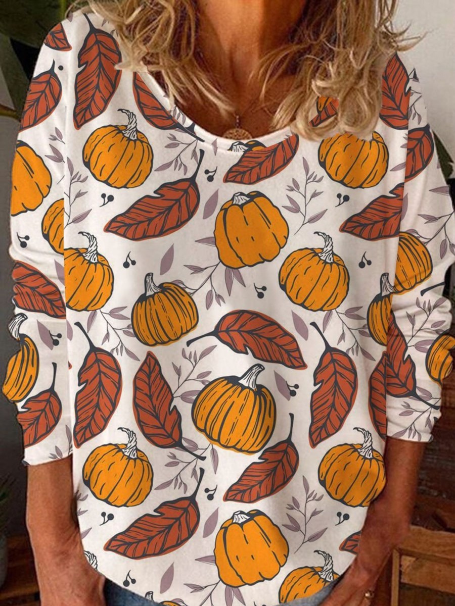 Women DJ | Round Neck Pumpkin Autumn Leaf Print Casual Long Sleeve T-Shirt Orange