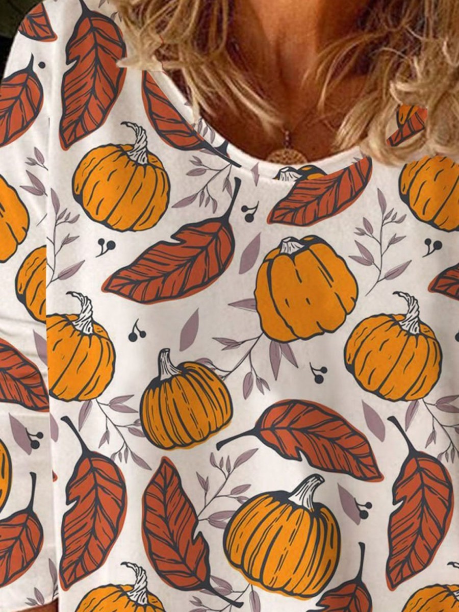 Women DJ | Round Neck Pumpkin Autumn Leaf Print Casual Long Sleeve T-Shirt Orange